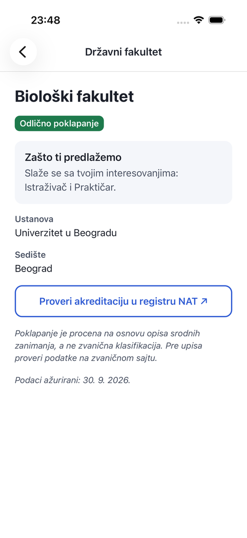 Detalj Biološkog fakulteta: zašto se predlaže, ustanova, sedište i link ka registru akreditacija.